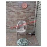2 PLASTIC PATIO CHAIRS, GARDEN HOSE & THERMOMETER