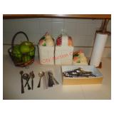 CANISTERS, BASKET W/ PEAR DECO, SILVERWARE +