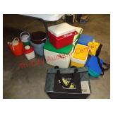 SEVERAL COOLERS, THERMOSES & BUCKETS