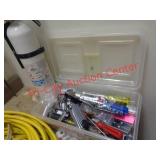 FIRE EXTINGUISHER, TOOLS IN TOTE - SCREWDRIVERS +