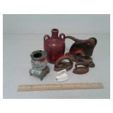 Childs mini sad irons, crock shoulder jug and