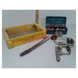 Plastic Coca-Cola pop crate, tackle box and