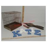 Metal bird cage, wood letters, padlock and more
