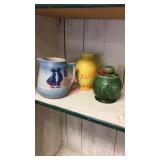 > 3 clay pieces, vase, pitcher, crock with lid