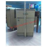 >wood end beside table with drawer and hinged