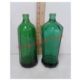 2 antique green glass bottles with etched
