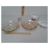 2 Amber depression glass bowls, Fire King dish &