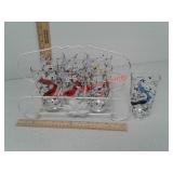 7 vintage juice glasses and wire carrier