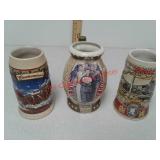 3 beer steins - scores, Budweiser, Miller