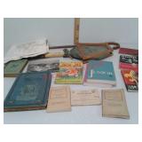 Wood cane, War ration book, Cub Scout books, 1940