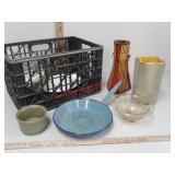 2 Plastic milk crates, McCoy planter, granite ware