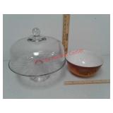 Glass cake plate on pedestal with lid, Pyrex