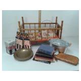 Wood doll cradle, galvanized bucket, leather