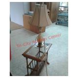 Wood and glass end table with storage, table lamp