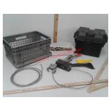 Plastic crate, battery box, screwdrivers, winch