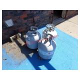 3 PROPANE TANKS, 2 EMPTY & 1 APPROX 1/2 FULL