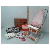 Vintage baby doll stroller, potato chip can,