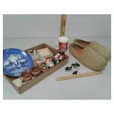 Wood shoes, Victoria ceramics Eskimo and dog