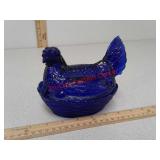 Blue glass hen on nest dish - good condition