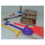 Plastic kids Garden items, Tackle Box, skateboard