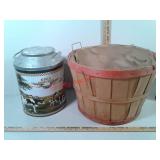 Fruit bushel basket and Dairy popcorn tin w/ lid