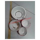 4 antique red & white enamel nesting bowls