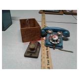 Antique metal toy phone 
brass door lock, wood