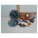 Carnival glass dishes, brass animal figures +++