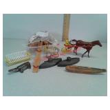 Vintage tin wind-up Racehorse toy
 wood