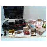 Vintage tie tacks, perfume bottle, RCA video