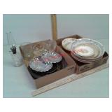 Vintage painted bowls, glassware, oil lamp + + +