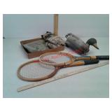 Plastic duck decoy, hunting gloves and Poncho,