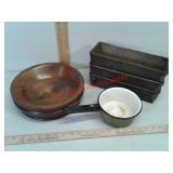 Carved wood bowl, enamel pot, metal tins