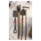 Post hole digger, rake, 2 shovels