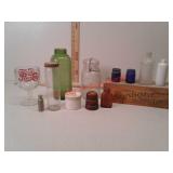 Wood cheese box and various glassware bottles