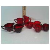 Red glass lot of paneled pattern cream and sugar