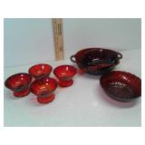 4 red pattern small dessert bowls, 3 Anchor