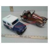 Tin car and US Postal Service toy jeep