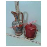 Mexican pottery pitcher and red glass canister