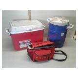2 coolers and Rubbermaid drinking water d