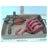 Vintage wood pulley and hand drill