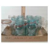 8 blue ball canning jars and three clear Ball