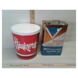 Vintage Riverside motor oil can, Huskers