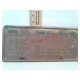 Vintage Nebraska license plate 1937 F-100
