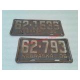 2 vintage 1936 Nebraska license plates