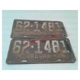 Set of vintage 1936 Nebraska license plates