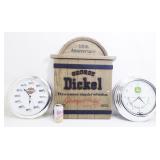 Dickel Sign, Harley Davidson & John Deere Clocks