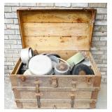 Atq Steamer Trunk w/Cast Iron(1-Wagner) Pots, Pans