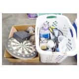 Box Lot: Garage Supplies, Dart Board, Cash Box
