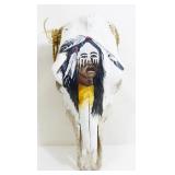 Hand Painted Native American Cow Skull, Signed